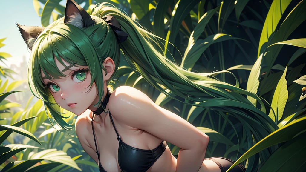 (high resolution, upper body, soft skin:1.2, green twin tail),(best illustration,masterpiece:1.2),ultra-detailed,[(cat ears , green inside:1.2, green eyes),vivid colors,sharp focus,portrait,studio lighting,bokeh, wearing a 2 piece black bikini, midnight beach background, spotlight in background, hands on hips