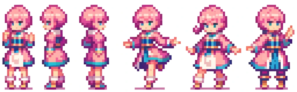 the very same person character chips , masterpiece , 6 poses (put out one's left foot , put out one's right foot , 2 front-facing poses , 2 back poses),best quality , pixel , pixel art , xiangsu , xiang su , sequence frames , walking , 1 girl , fantasy clothes , full body , white background , heroine , deformed , sexy , chibi , Highly Exposed , pink clothes , pink hair , walking frame