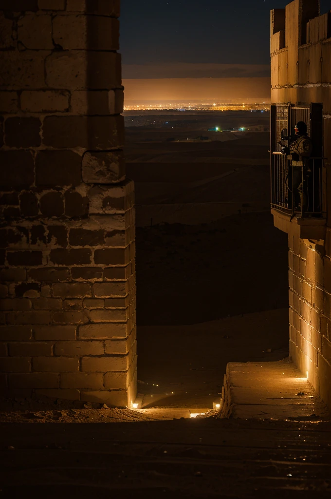 large desert plain at night, in the distance a large illuminated city, the city is surrounded by a great wall protected by the army, the view is facing the wall that dominates us, soldiers patrol below the wall