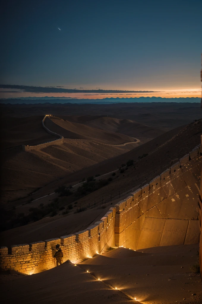 large desert plain at night, in the distance a large illuminated city, the city is surrounded by a great wall protected by the army, the view is facing the wall that dominates us, soldiers patrol below the wall
