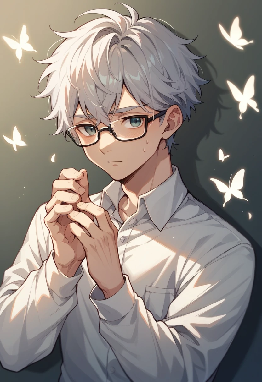 high resolution、High quality、Petals fluttering、A young man with short, fluffy silver hair、Glasses、Wizard、Butterflies fluttering、whole body
