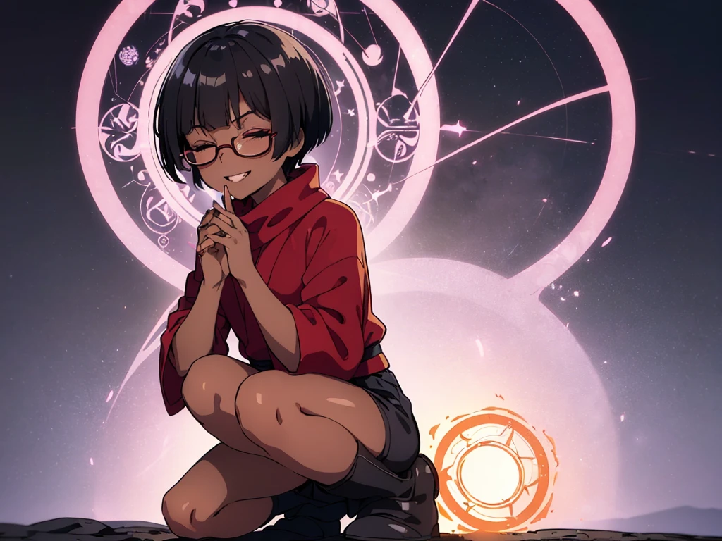 (flat :), (masterpiece:1.2), highest quality, High resolution, unity 8k wallpaper, (fine and beautiful eyes:1.6), highly detailed face, perfect lighting, Detailed CG, (perfect hands, perfect ), (1 boy solo:1.4), 20 years old, black hair, extremely beautiful detailfeminine face and eyes, (evil smile:1.4), detailed eyes, best quality,( dark skin:1.8), (turtleneck shirt under yukata:1.2), (bike shorts:1.2), extremely detailed, very precise detailed, (glasses:1.3), blunt bangs, open mouth, (very short pixie cut:1.2), boots,fingerless gloves, smile, (half closed eyes:1.5),(burning fire background:1.3), ,(squat in magic circle on ground:1.1) ,night sky,long sidelocks,(long red Scarf),(yukata),(squatting),(acrobat pose:1.3),(squat:1.3),leaning forward,(one knee dwon:1.5),(Put one foot in front:1.3),(stylish pose:1.4),(Raise only index finger:1.1),(Joining hands:1.5),(retro artstyle:1.2), (1990s \(style\)),(magic circle on ground:1.3),from above