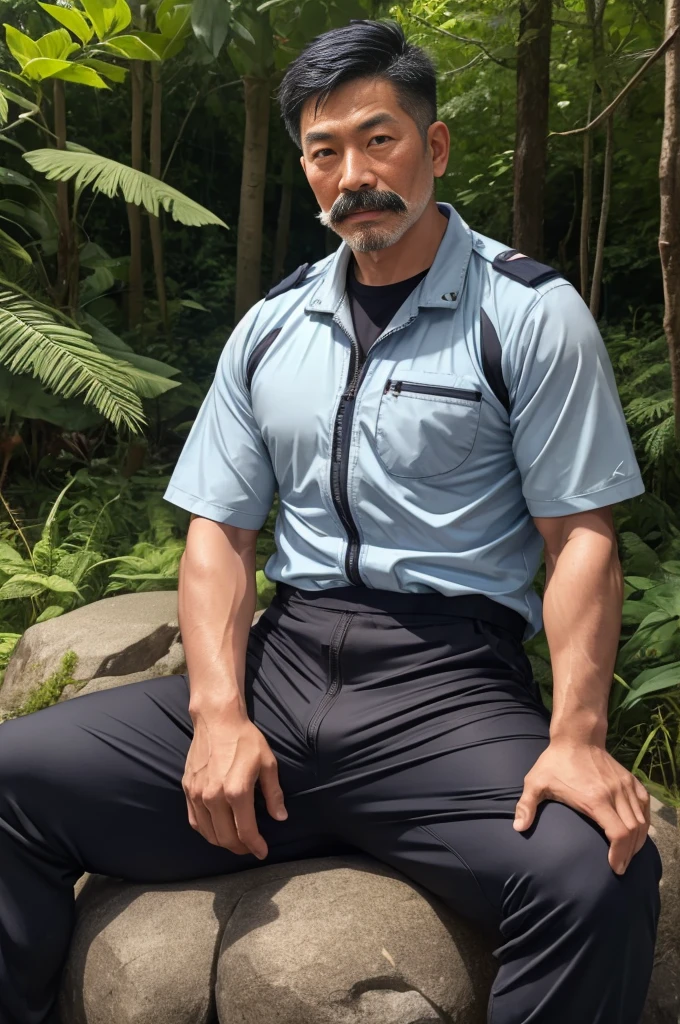 Authentic style，A strong security guard lost in the forest，坐在Stone上，Creek边，outdoor，Sitting，40 year old asian man，Looking at the camera，Legs open，Place your hands behind your body，Moustache，White beard，Short beard，（Security suits），Security suits开襟，A kind expression，Kind uncle，A polite greeting，Black short hair，Very short hair，Brown skin，Muscles fill up clothes，Mermaid Line，Trousers，Pants are damaged，(There&#39;s a giant oyster mushroom in my pants)，Leg hair，Thick body hair，Black body hair，Leg hair，sandals，toe，full-body shot，Real person photos，Correct anatomical shape of the limbs，Full body shot，Fine skin texture，Stone，Creek，Soft Light，Low contrast images，Highest quality，4k quality，