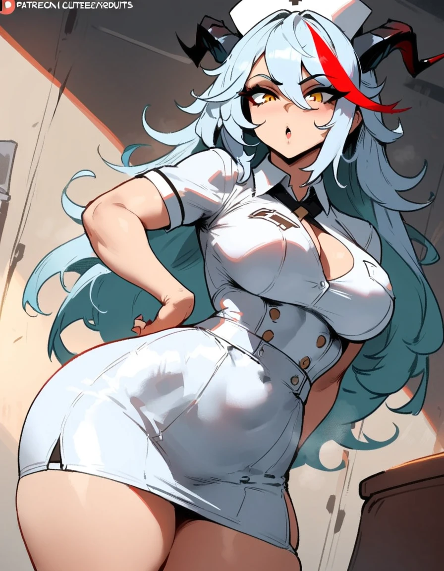 1girl, aegir \(azur lane\), azur lane \\\\\ masterpiece, best quality, very aesthetic, absurdres, newest \\\\\\ sportive body, \\\\\\ by nyantcha,,by cutesexyrobutts,by khyle ///// white hair with a single prominent red streak, black horns, yellow eyes, , white (nurse outfit:1.2), skirt, , white pencil skirt, nurse cap, , , a red cross on the cap, standing