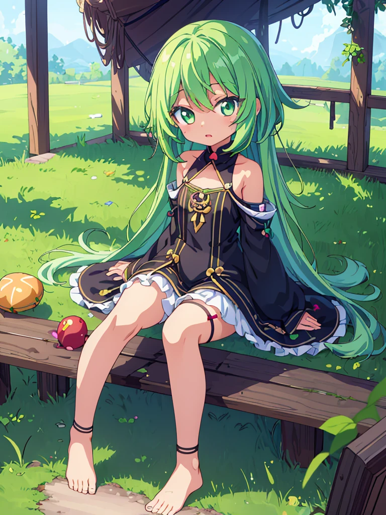 ,masterpiece, highest quality,highquality,HD,anime,small female,cute,pretty,kawaii,micro body,Green hair,Barefoot,slanted eyes,,ebony skin,arms behind