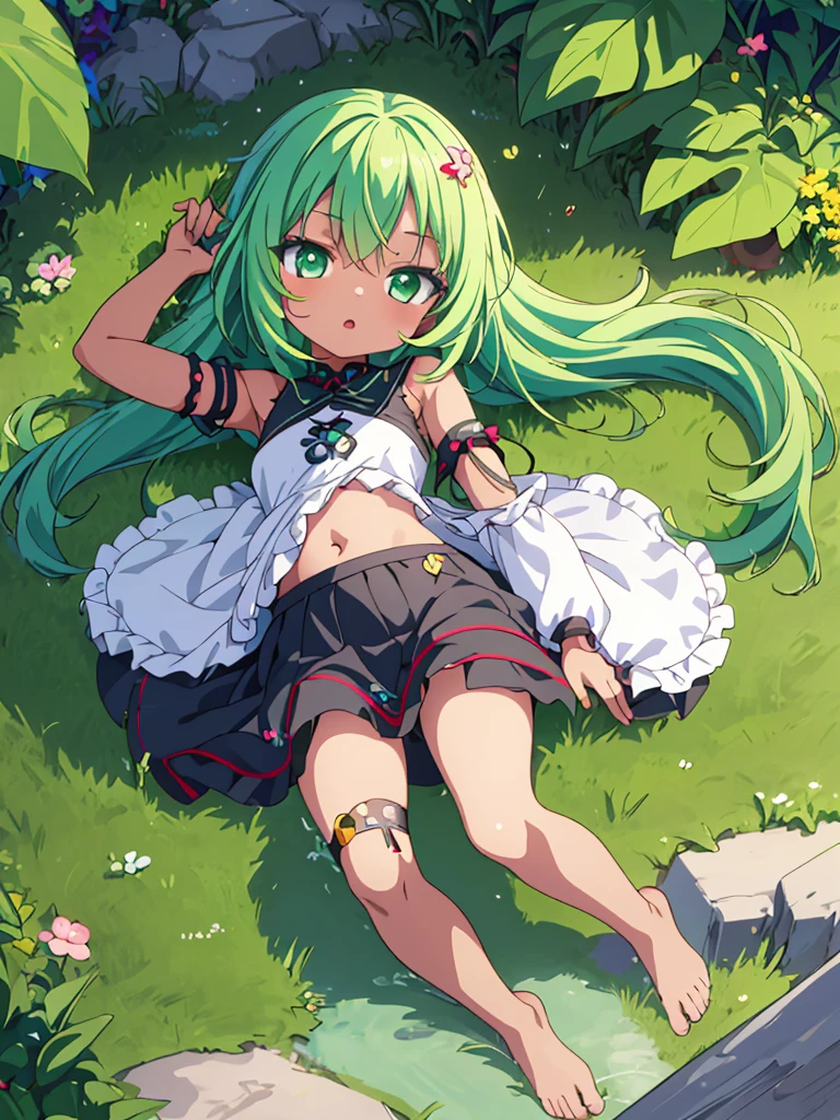 (((close up foot))), A little fairy girl is playing a prank, 、((sit cross-legged on a tree branch))、sexy, (I look up at the girls from the ground.)、(The girls who surrounded me and hugged me)、((seductive evil grin)), (Pixie)、(Butterfly on the back々Feathered)、Very little fairy、((Little fairy))、low length、(thin)、(( girl))、(Transparent fair skin), (((child girl)))、Wavy、(Green Hair)、ponytail、Red scrunchie、((Forehead))、Big eyes、Grey Eyes, (Micro Bikini), ((Angle from below:1.8)), navel、(A transparent cloth is wrapped around the waist.)、(Thighs), crotch、foot, ((At the Forest Springs)), (Angle from the bottom of the girl), (In the woods)、((Sitting on a tree branch))、((Sitting cross-legged))、