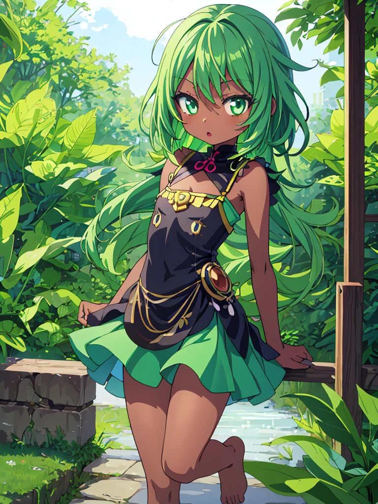 ,masterpiece, highest quality,highquality,HD,anime,small female,cute,pretty,kawaii,micro body,Green hair,Barefoot,slanted eyes,,ebony skin,arms behind