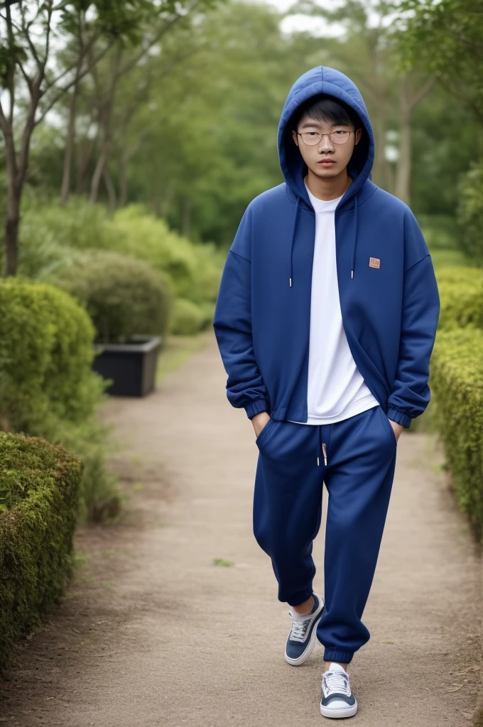21 year old Chinese boy, he is wearing a oversize open blue Hoodie jacket, he is wearing black trousers, he is wearing sneakers, he is wearing glasses, Garden, full body, he is buzz cut Hair, foot, walking
