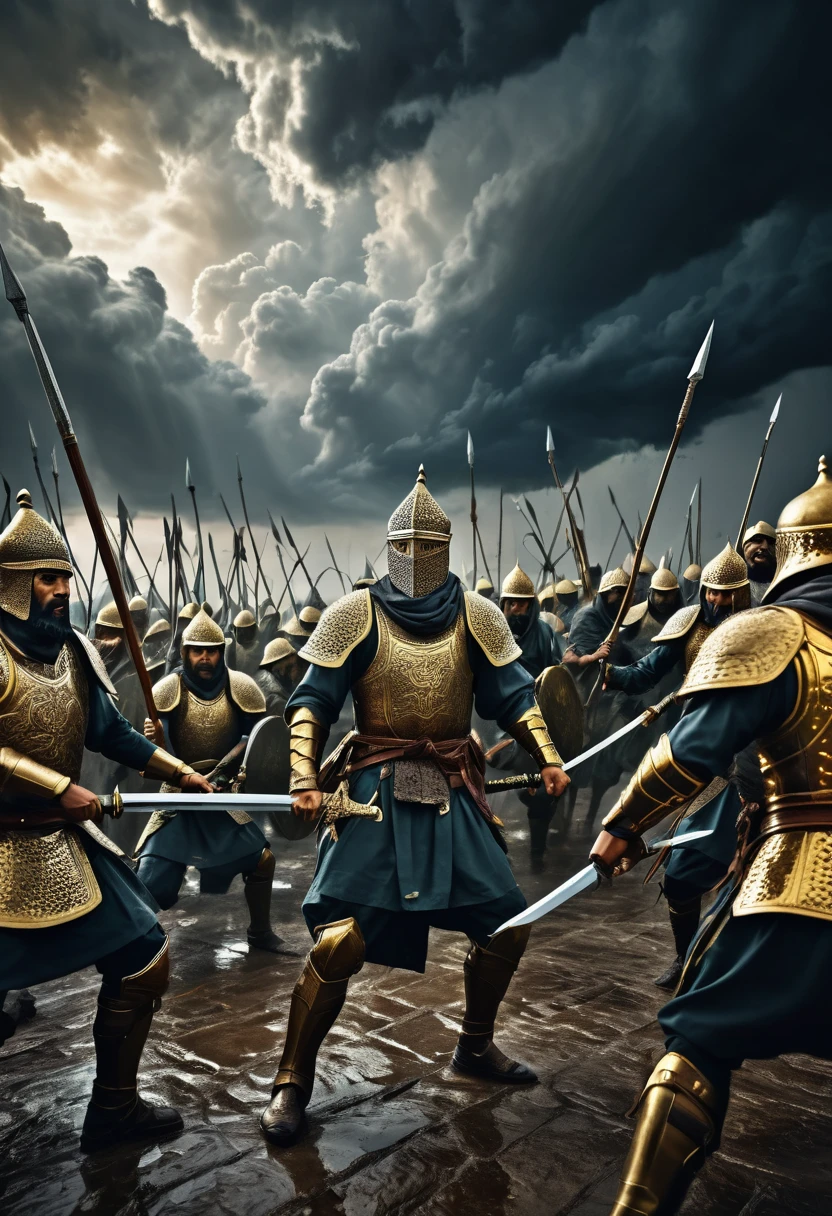 arafed image of a group of knights in a field, in screenshot from the 300 movie, behance lemanoosh, posing for battle, inspired by John Maxwell, iran, archillect concept art, cds, by Jason A. Engle, widescreen shot, standing bravely on the road, puṣkaracūḍa