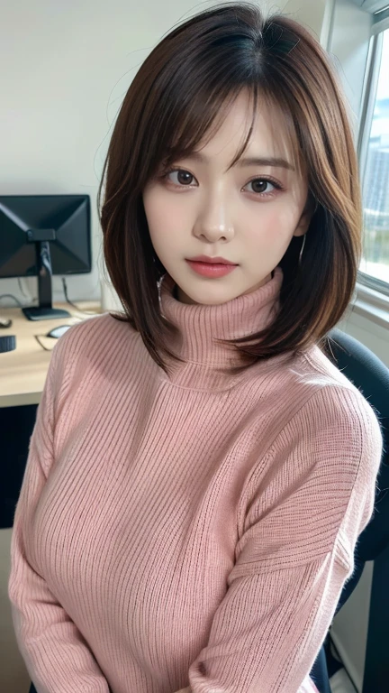 Highest quality,Very detailed,finely,High resolution,8k wallpaper,Perfect dynamic composition,office lady,whole body,Are standing,Pink knitwear,turtleneck,Hair loss,Amazing beautiful eyes,Natural Lip,(Saggy breasts:1.3
