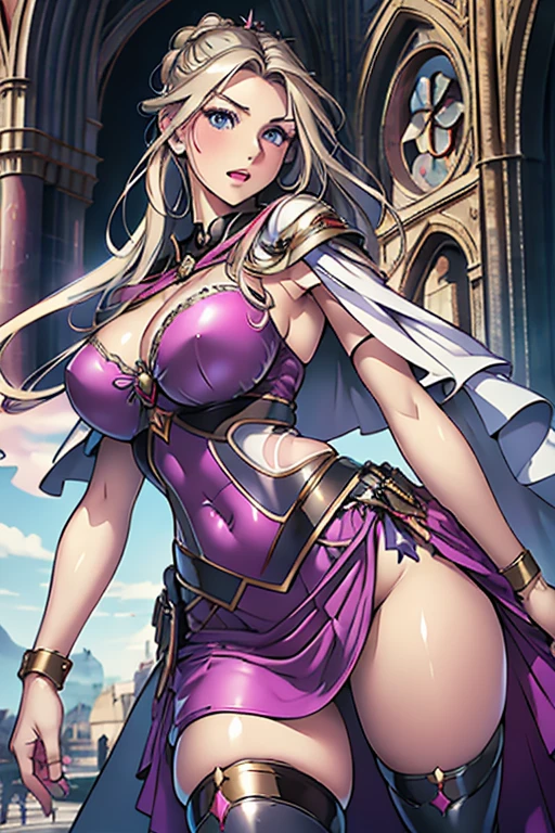 masterpiece, Highest quality, One adult woman,Very detailed,Rin々Nice face,Open Mouth Smile,White, pink, and purple adventurer uniform,Medieval Europe,Show your armpits,Black eyes,The dignity of a hero,tattoo,Cape,Legs visible through the skirt,Natural Beauty,Cinematic,Medium cleavage,