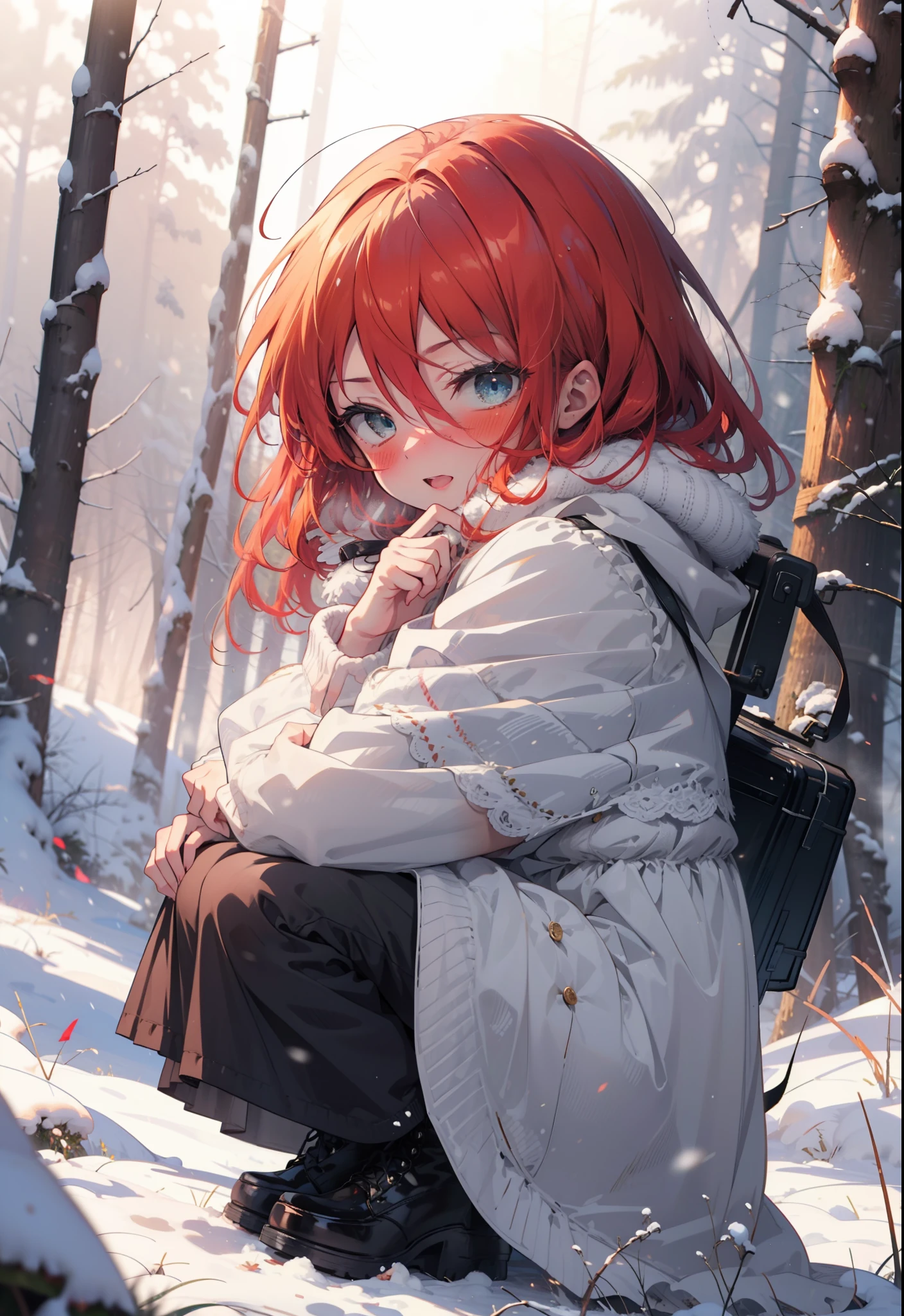 Shana,灼眼のShana,Long Hair, Redhead, Red eyes,Ahoge,,smile,blush,White Breath,
Open your mouth,snow,Ground bonfire, Outdoor, boots, snowing, From the side, wood, suitcase, Cape, Blurred, , forest, White handbag, nature,  Squat, Mouth closed, Cape, winter, Written boundary depth, Black shoes, red Cape break looking at viewer, Upper Body, whole body, break Outdoor, forest, nature, break (masterpiece:1.2), Highest quality, High resolution, unity 8k wallpaper, (shape:0.8), (Beautiful and beautiful eyes:1.6), Highly detailed face, Perfect lighting, Highly detailed CG, (Perfect hands, Perfect ),