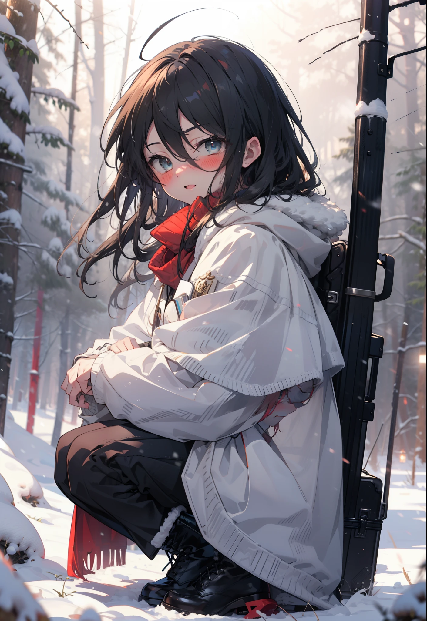 Shana,灼眼のShana,Long Hair, Redhead, Red eyes,Ahoge,,smile,blush,White Breath,
Open your mouth,snow,Ground bonfire, Outdoor, boots, snowing, From the side, wood, suitcase, Cape, Blurred, , forest, White handbag, nature, Squat, Mouth closed, Cape, winter, Written boundary depth, Black shoes, red Cape break looking at viewer, Upper Body, whole body, break Outdoor, forest, nature, break (masterpiece:1.2), Highest quality, High resolution, unity 8k wallpaper, (shape:0.8), (Beautiful and beautiful eyes:1.6), Highly detailed face, Perfect lighting, Highly detailed CG, (Perfect hands, Perfect Anatomy),