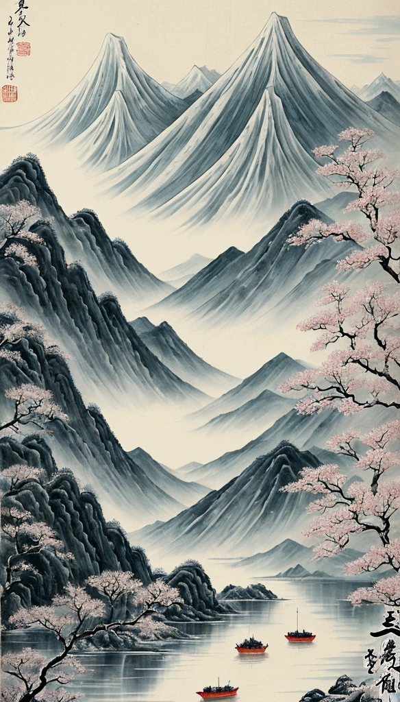 Highest quality, Ultra-fine detail, High resolution, masterpiece:1.2, Immerse yourself in the beautiful scenery, Perfect brushwork, impressive ink, Adopts wide viewing angle, 息を呑むようなMountainの景色, A deep and solemn atmosphere, Mountain々The ship sailing on the, A detailed depiction of the ship and its surroundings, traditional chinese art, Expressing the tranquility and harmony of nature, subtle changes in tone, Soft Color Palette, Gentle and warm atmosphere, 権威ある展覧会で発表された中国の水墨Mountain水画,The composition is excellent,Depth of emotion,Mountainの静けさを捉える. Textured brushwork and subtle tonal variations, Revealing the complexity of the ship and the beauty of the surrounding landscape. traditional chinese art styles create an atmosphere of tranquility and harmony,Immerse your audience in the wonders of nature. このmasterpieceはHighest qualityです, Ultra-fine detailとHigh resolutionの画像を備えています, Create an impressive and breathtaking work of art,中国の水墨Mountain水画の真髄を完璧に捉えている.