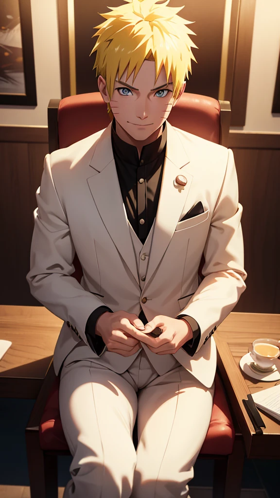 Top Half body, (masterpiece, best quality:1.2), solo, 1boy, Naruto Uzumaki, Naruto, yellow hair, looking at viewer, official art, extremely detailed CG unity 8k wallpaper, perfect lighting, (masterpiece:1.0),(best_quality:1.0), ultra high res,4K,ultra-detailed, photography, 8K, HDR, highres, absurdres:1.2, bokeh:1.2, lens flare, (vibrant_color:1.2), white Tuxedo suit, Groom suit, full body, Gala dinner, sitting on the chair, lively, happiness, smiling