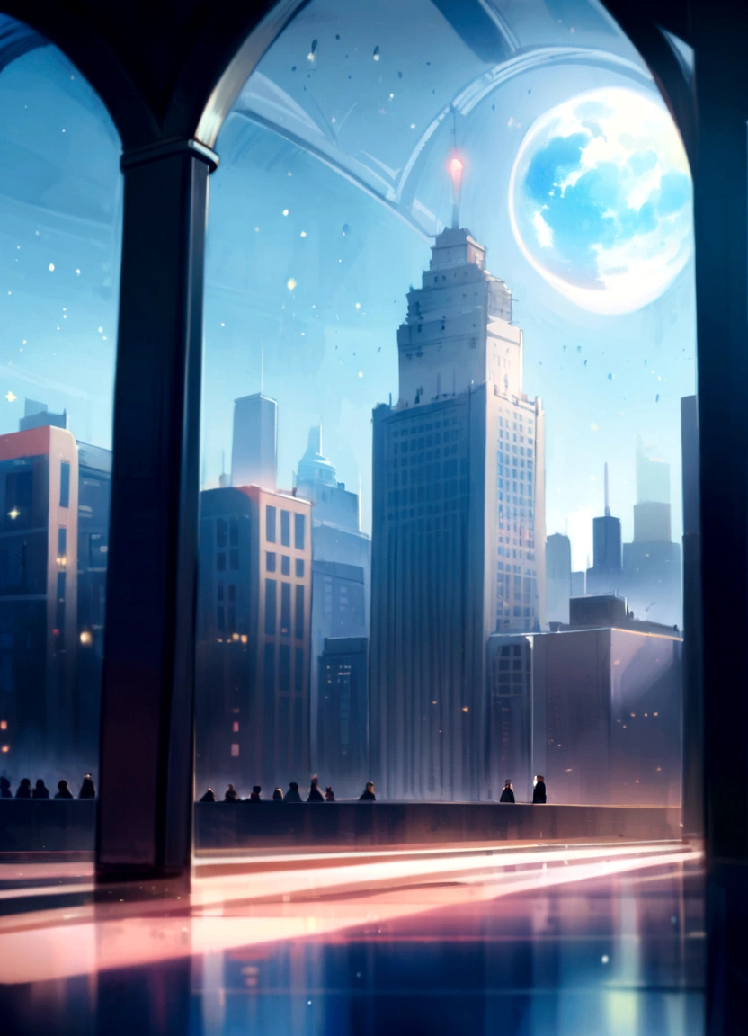 inside a luxury office building, tall columns, vaulted ceilings, spacious hall, interior of the future, space academy interior, behind the high arched windows there is a city with skyscrapers, spaceships fly across the sky, frame from the floor, illustration, white-gray shades,  (((people are missing))), illustration для фона