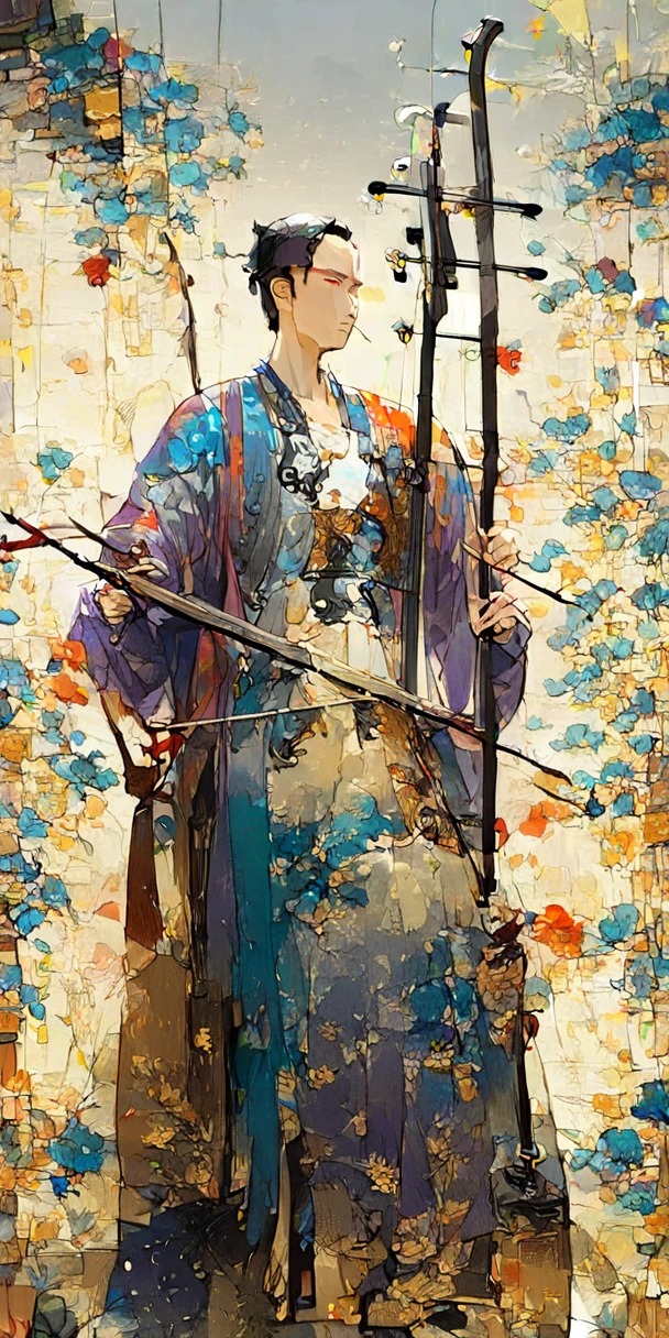 1man, young man, tall and thin, playing erhu,holding erhu, wearing hanfu, (((masterpiece,best quality))),((good structure,Good composition,good atomy)), ((clear, original,beautiful)),