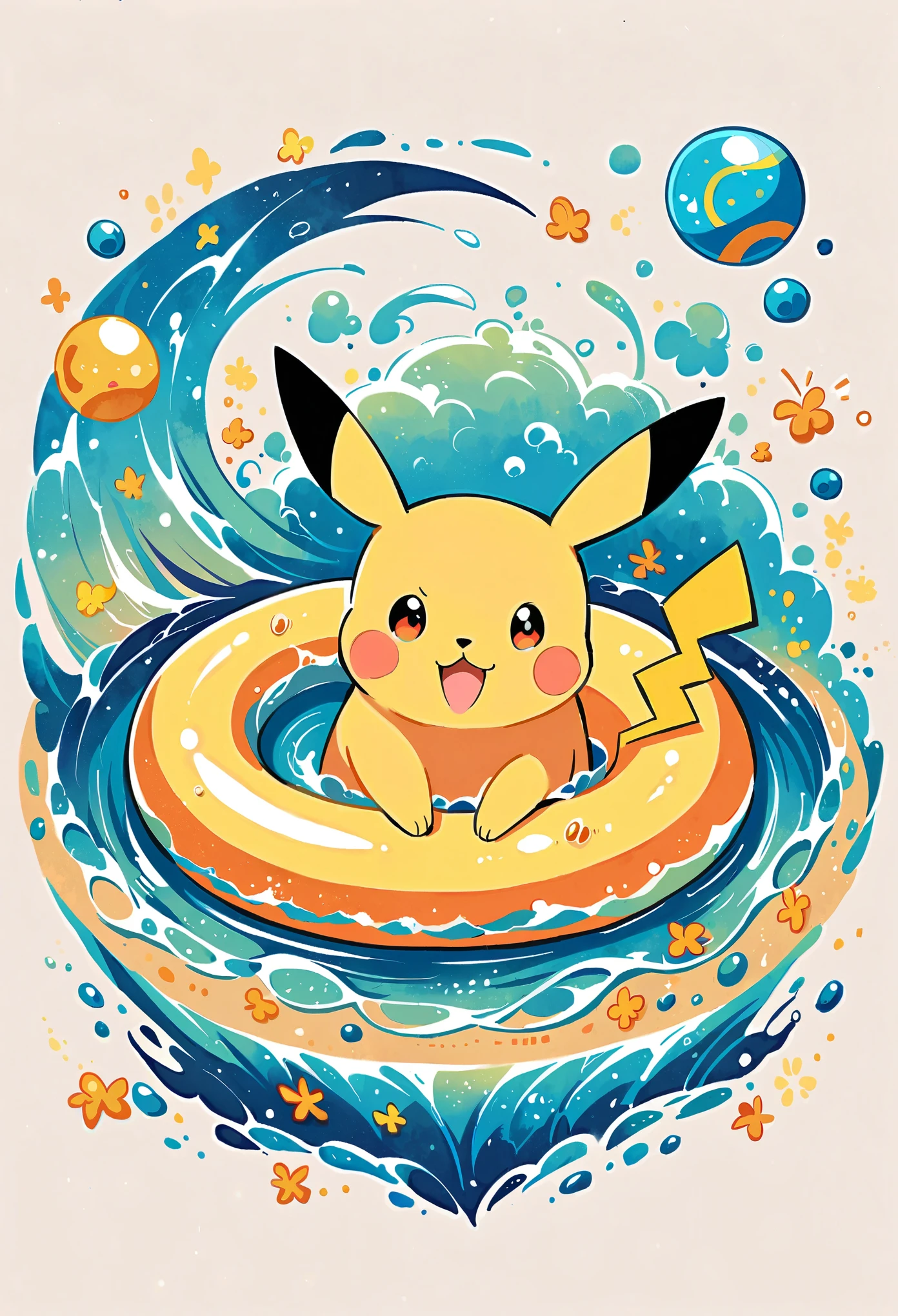 cute scene featuring Pikachu practicing swimming, Pikachu should be in a shallow pool or a calm body of water, looking determined and joyful. Use a bright and cheerful color palette with soft, painterly strokes. Include elements like a small floatation device or swim ring, water splashes around Pikachu, and perhaps a few playful bubbles. The background should feature a sunny day with clear skies, and maybe some gentle waves or distant beach scenery. 