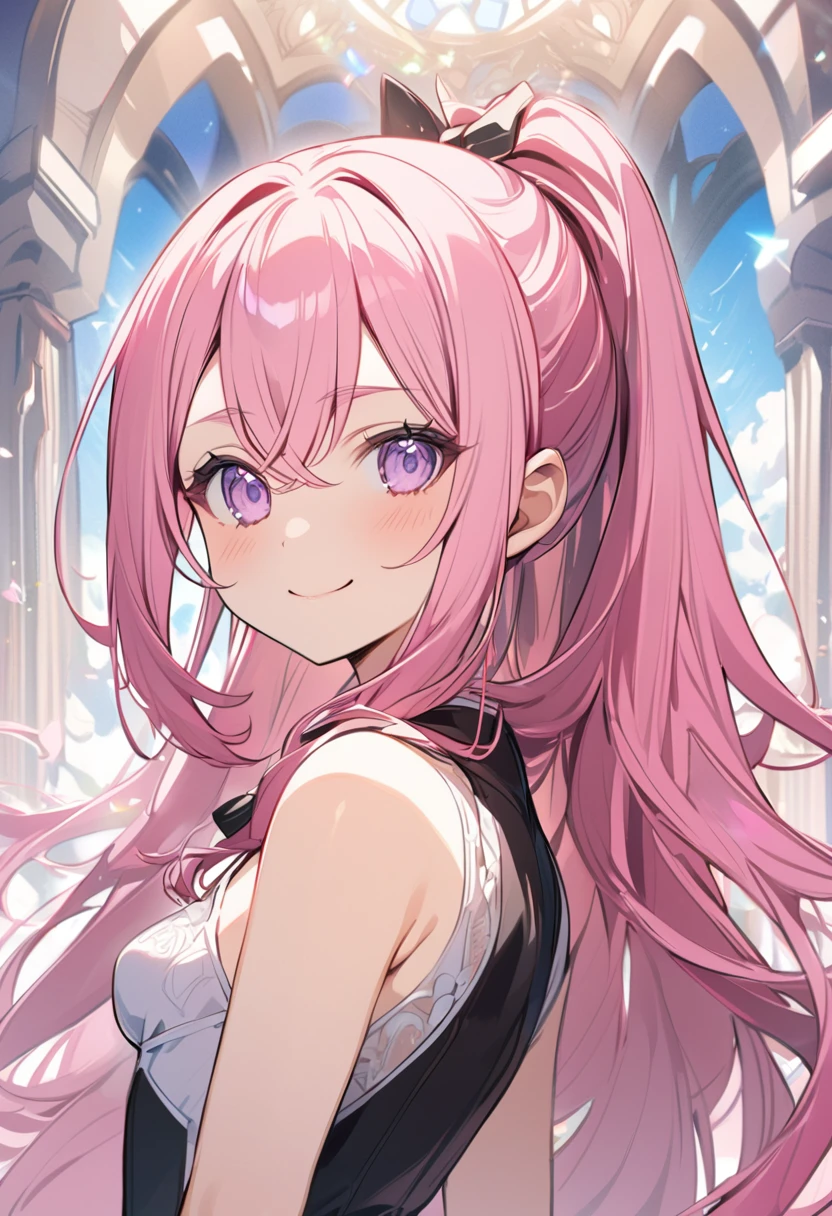 (((masterpiece)))(((Highest quality)))(((8K)))(((4K)))One Little Girl、 years old、Straight Hair、Having a lot of hair(Pink Hair)Pink high ponytail、Ribbon on head、Crossed bangs、Light purple eyes、Squint your eyes、((Smile with your mouth closed))、(((Cute Mini Dresses)))、Small breasts, from behind、turn around、Upper Body、Anime Style