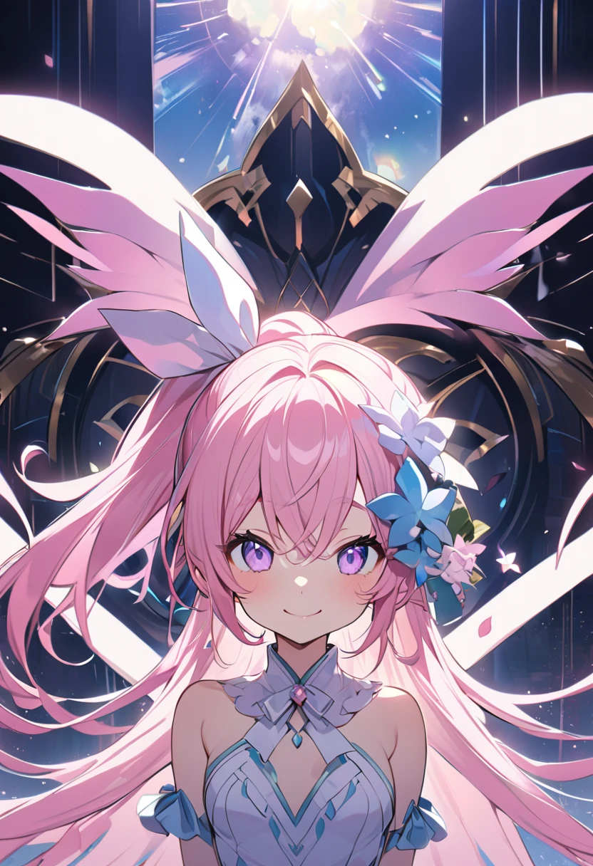 (((masterpiece)))(((Highest quality)))(((8K)))(((4K)))One Little Girl、 years old、Straight Hair、Having a lot of hair(Pink Hair)Pink high ponytail、Ribbon on head、Crossed bangs、Light purple eyes、Squint your eyes、((Smile with your mouth closed))、(((Cute Mini Dresses)))、Small breasts, from behind、turn around、Upper Body、Anime Style