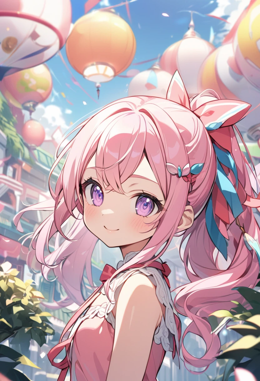 (((masterpiece)))(((Highest quality)))(((8K)))(((4K)))One Little Girl、 years old、Straight Hair、Having a lot of hair(Pink Hair)Pink high ponytail、Ribbon on head、Crossed bangs、Light purple eyes、Squint your eyes、((Smile with your mouth closed))、(((Cute Mini Dresses)))、Small breasts, from behind、turn around、Upper Body、Anime Style