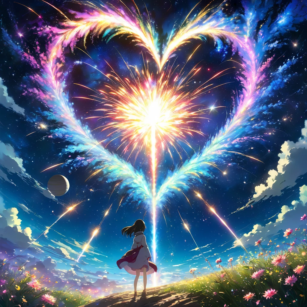 A giant firework explodes in the heart of the Milky Way, its colors radiating across nebulae and illuminating nearby planets. The firework's shape resembles a blooming flower, with vibrant tendrils of light reaching outwards in a mesmerizing display of cosmic beauty. The scene evokes a sense of awe and wonder, highlighting the vastness and mystery of space.beautiful anime scenery, landscape painting, beautiful digital painting, andreas rocha, illustration of beautiful artwork, amazing wallpaper, raymond swanland, tall beautiful painting, studio ghibli makoto shinkai, beautiful wallpaper, anime scenery