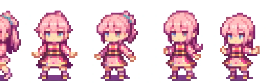 the very same person character chips , masterpiece , 6 poses (put out one's left foot , put out one's right foot , 2 front-facing poses , 2 back poses),best quality , pixel , pixel art , xiangsu , xiang su , sequence frames , walking , 1 girl , fantasy clothes , full body , white background , heroine , deformed , sexy , chibi , Highly Exposed , pink clothes , pink hair , walking frame