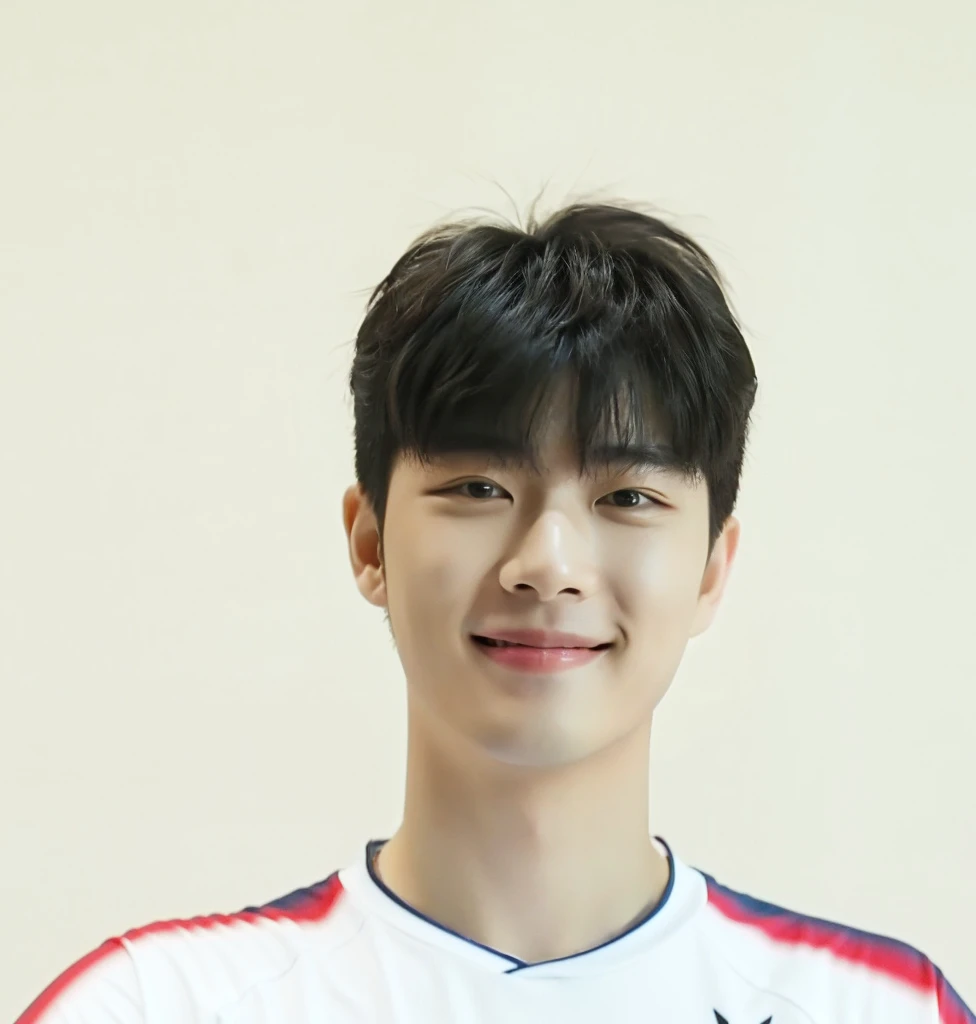 （In reality， high resolution：1.3, masterpiece, 8K, best quality, ultra detailed, studio shoot, photo realistic:1.4, photography ）,
20 years old korean man, smile, simple background 
