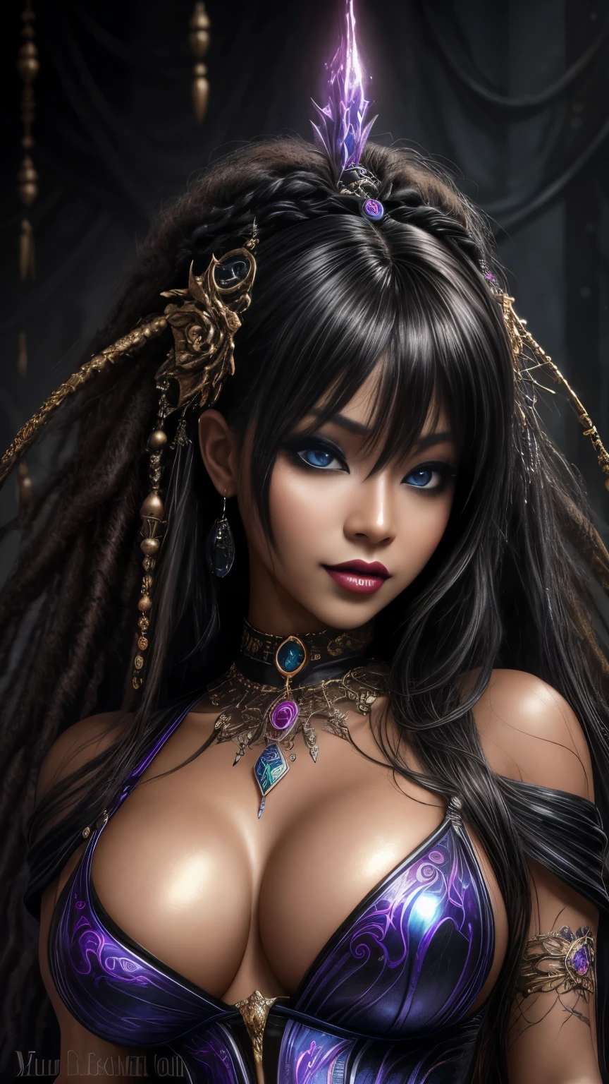 1980s WomenBlack WomenAfrican VoodooZombiesHeavy Metal Bands ..., art gelm,  undead voluptuous African female punk rockstars , Adult female (Black women, Black women, Black Africans, Dark Skin:1.1), Full body image, Portraiture, Beautiful Face, photograph, photographshoot, Curly Afro Hair, Golden Tattoos, lipstick, eyeliner, eye shadow, Beautiful Eyes,Turchin,Gustav Klimt, Very detailed, airbrush, Fascinating deep multi-colour,16K resolution, humidity, Complex, colorful,Prudent, mysterious,3D Rendering,Symmetrical face,Sensual, Iridescent, Shiny, Fantasy, guitar, Provocative, Rotten Flesh and Stitches, Monstrous, Horror, Scared, 気味のevilい, 吸Blood鬼,  Blood,  Elvira  of the Dark,  large breasts,  Oily skin , Graves,  Blood,  Spread your legs、Noir painting of a beautiful young witch,dark purple lips, evil, evil女, smile, Black Prom Dress, She is coming to you, close, Bright Blue Eyes, Surrounded by swirling pink smoke, Genuine, High detail, Highest quality、Esoteric arachnids lady, Spider Queen Elise, League of Legends, Esoteric arachnids, Combat Stance, ( The body is made with liquid metallic paints in metallic mauve and metallic black.....、It beautifully depicts the female form.....。), length, Sharp Fangs, nature, ((前景のComplexメタリックカラー)),  (( Fluid Mechanics, The most beautiful smooth scale face makeup, Smirking expression)) - 黒ずんだBlood, Onyxia、