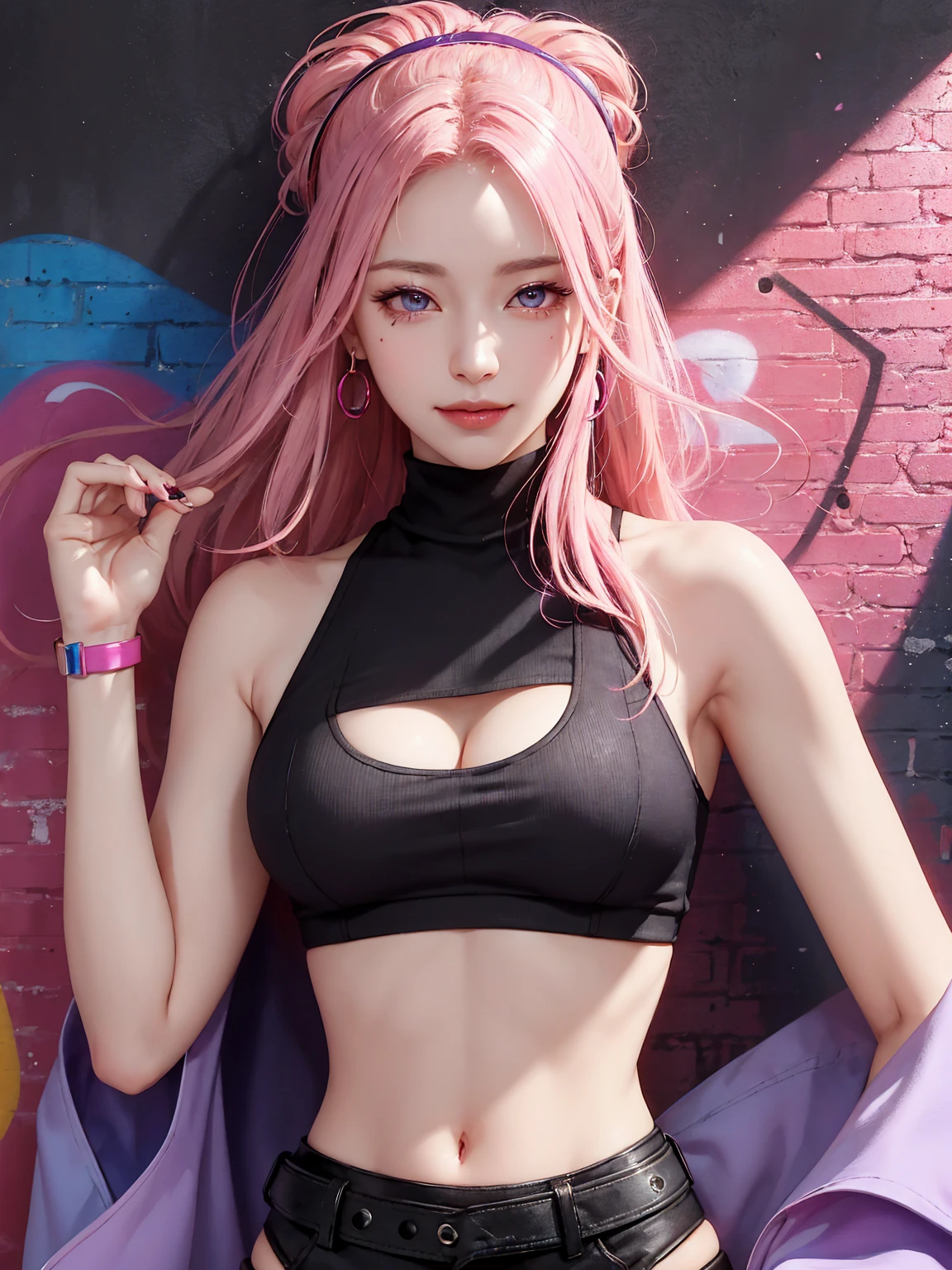 (Masterpiece, best quality, 1 girl, alone, complicated details, Chromatic aberration), realistic, ((Moderate breath)),long hair, pink hair, Red headpiece, Pink Highlights, hair on one eye,purple eyes, earring, sharp eyes, choker, Neon coat, She wears a collar, bangle, and kimono style garters., crop top, (symmetrical eyes),(Perfect symmetrical body),against the wall, Brick wall, (colorful graffiti words on the wall:1.2), The light is dim., alley ,Look at the viewer.、Dig the chest、smile、(sleeveless、Navel touch、Fitted turtleneck.)、street string hot pants、Thin bottom、Please build above the eaves..、Thin shoulders、in underwear、