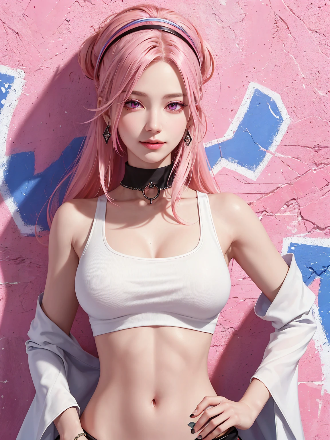 (Masterpiece, best quality, 1 girl, alone, complicated details, Chromatic aberration), realistic, ((Moderate breath)),long hair, pink hair, Red headpiece, Pink Highlights, hair on one eye,purple eyes, earring, sharp eyes, choker, Neon coat, She wears a collar, bangle, and kimono style garters., crop top, (symmetrical eyes),(Perfect symmetrical body),, Brick wall, (colorful graffiti words on the wall:1.2), The light is dim., alley ,Look at the viewer.、Dig the chest、smile、(sleeveless、Navel touch、Fitted turtleneck.)、street string hot pants、Thin bottom、Please build above the eaves..、Thin shoulders、in 、
