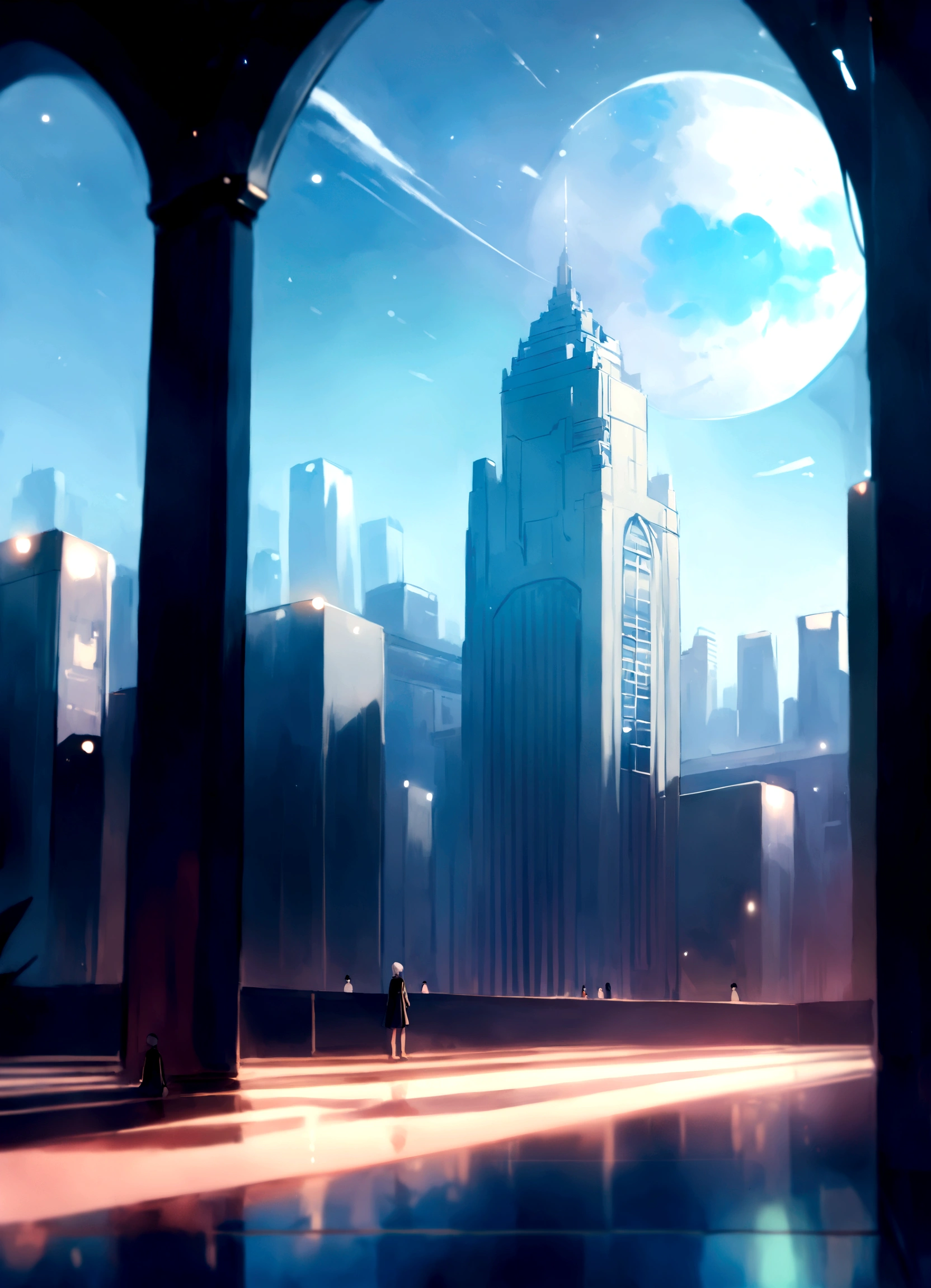 inside a luxury office building, tall columns, vaulted ceilings, spacious hall, interior of the future, space academy interior, behind the high arched windows there is a city with skyscrapers, spaceships fly across the sky, frame from the floor, illustration, white-gray shades, (((people are missing))), illustration для фона