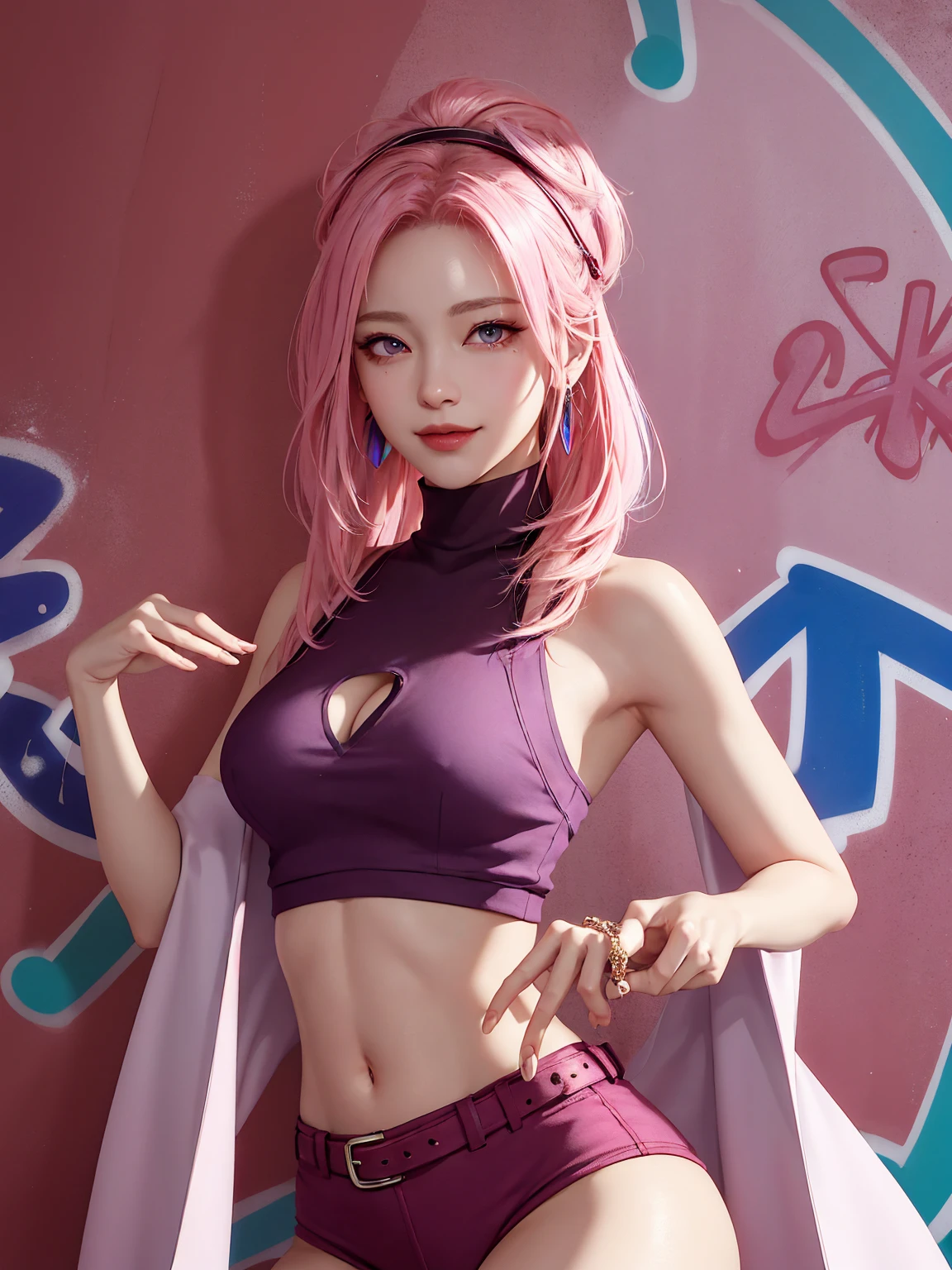 (Masterpiece, best quality, 1 girl, alone, complicated details, Chromatic aberration), realistic, ((Moderate breath)),long hair, pink hair, Red headpiece, Pink Highlights, hair on one eye,purple eyes, earring, sharp eyes, choker, Neon coat, She wears a collar, bangle, and kimono style garters., crop top, (symmetrical eyes),(Perfect symmetrical body),against the wall, Brick wall, (colorful graffiti words on the wall:1.2), The light is dim., alley ,Look at the viewer.、Dig the chest、smile、(sleeveless、Navel touch、Fitted turtleneck.)、street string hot pants、Thin bottom、Please build above the eaves..、Thin shoulders、in underwear、