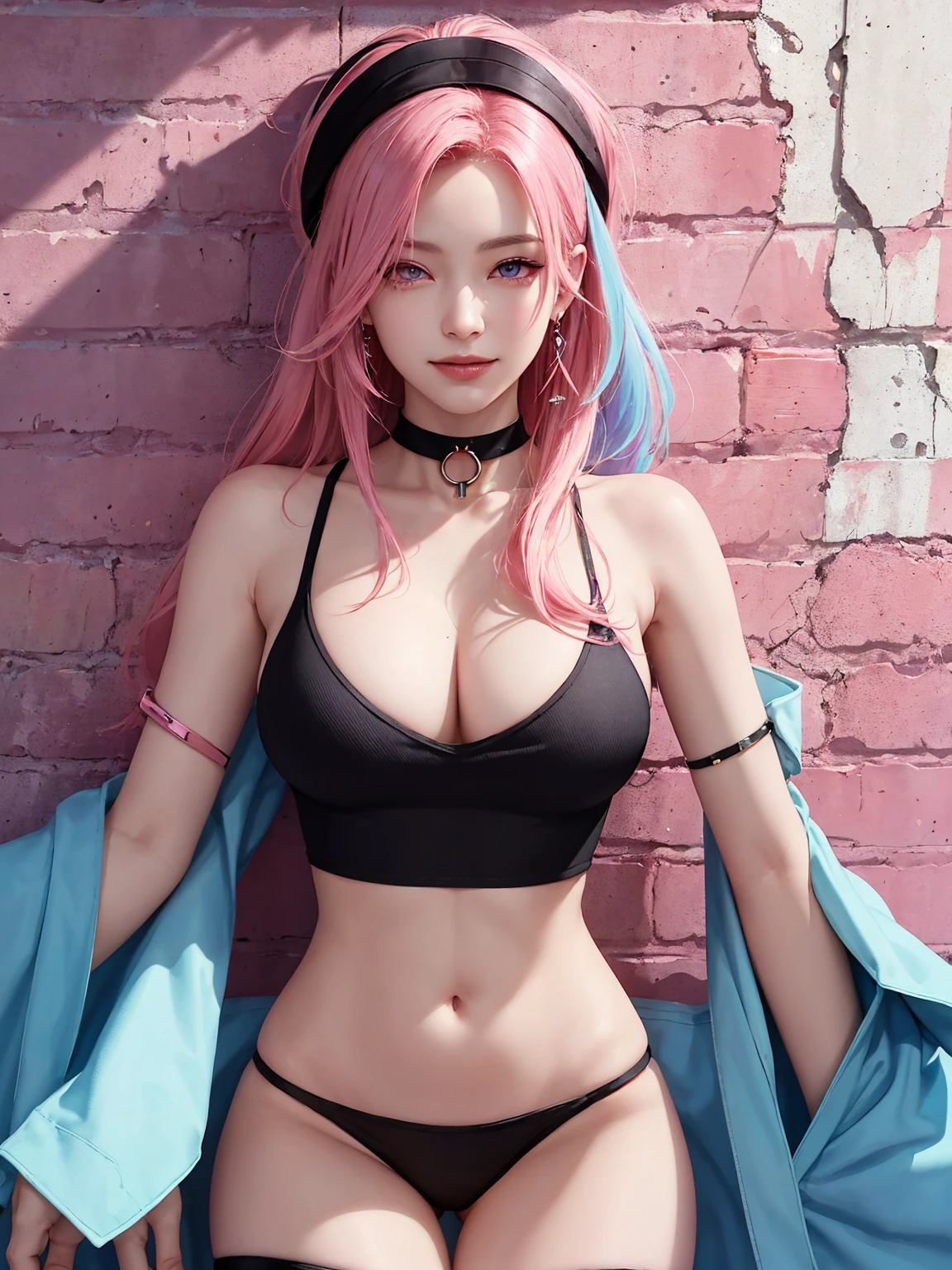 (Masterpiece, best quality, 1 girl, alone, complicated details, Chromatic aberration), realistic, ((Moderate breath)),long hair, pink hair, Red headpiece, Pink Highlights, hair on one eye,purple eyes, earring, sharp eyes, choker, Neon coat, She wears a collar, bangle, and kimono style garters., crop top, (symmetrical eyes),(Perfect symmetrical body),against the wall, Brick wall, (colorful graffiti words on the wall:1.2), The light is dim., alley ,Look at the viewer.、Dig the chest、smile、(sleeveless、Navel touch、Fitted turtleneck.)、street string hot pants、Thin bottom、Please build above the eaves..、Thin shoulders、in underwear、