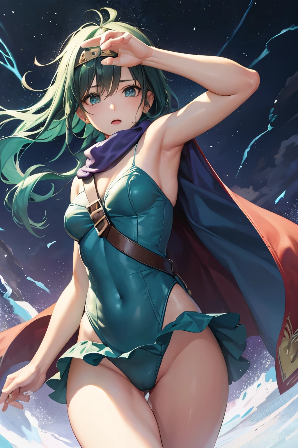 (((SFW、sound、Highest quality、first-class、masterpiece、Normal body、8K、Detailed face、Ultra-precision、Normal hand、Normal finger、5Finger、Highest)))、beautiful girl、Green Hair、Small breasts、Shortcuts、Blue leotard、Racy leotard、Shoulder Off、Black paleo skirt、Red cloak、Circlet、Legendary Sword、DRAGON QUEST、Female Hero、In combat、Combat Ready、Lightning Slash、incantation、Gigadein