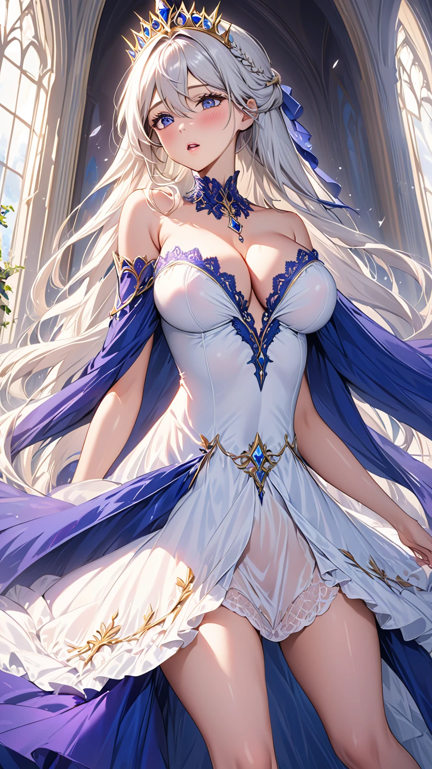 masterpiece:1.4,best-quality,Super Detail,Very Delicate and Beautiful, ((( nsfw, beautiful slutty woman, royalty princess color dress, orgasm ))), long hair, very gigantic breasts, cleavage, very slender, off-shoulder, perfect face, beautiful eyes, perfect body