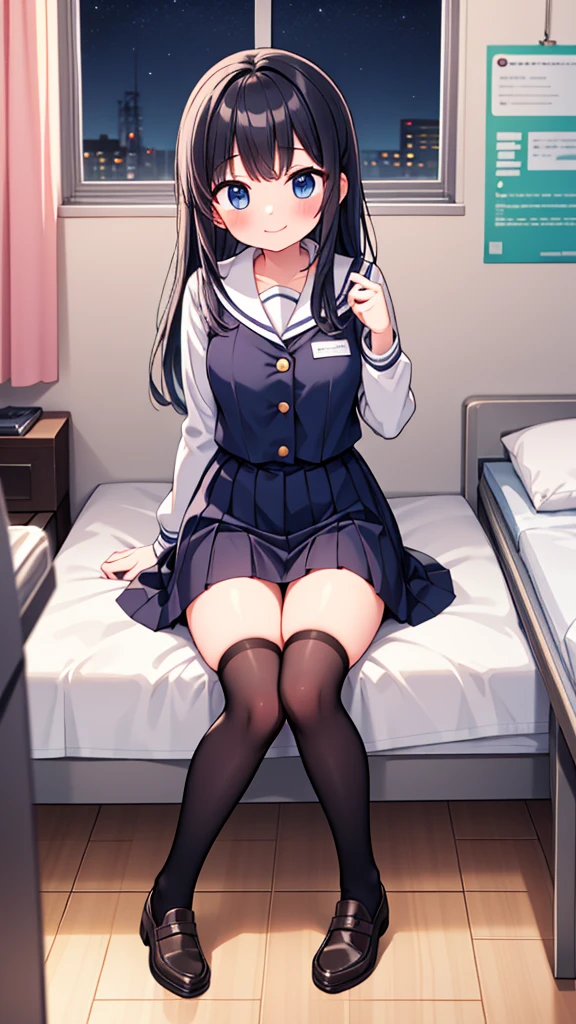 {Highest quality], [so beautiful], [Ultra-fine], [Best illustrations], Browsing Caution,Black Hair, Hime cut, Long Hair, With bangs, girl,high school student,uniform,knit,skirt,smile, blush, Slender women, Adult female,(public),,diagonal, Navy blue knee socks,Black Loafers.night,Health Room,Lying in bed feeling unwell