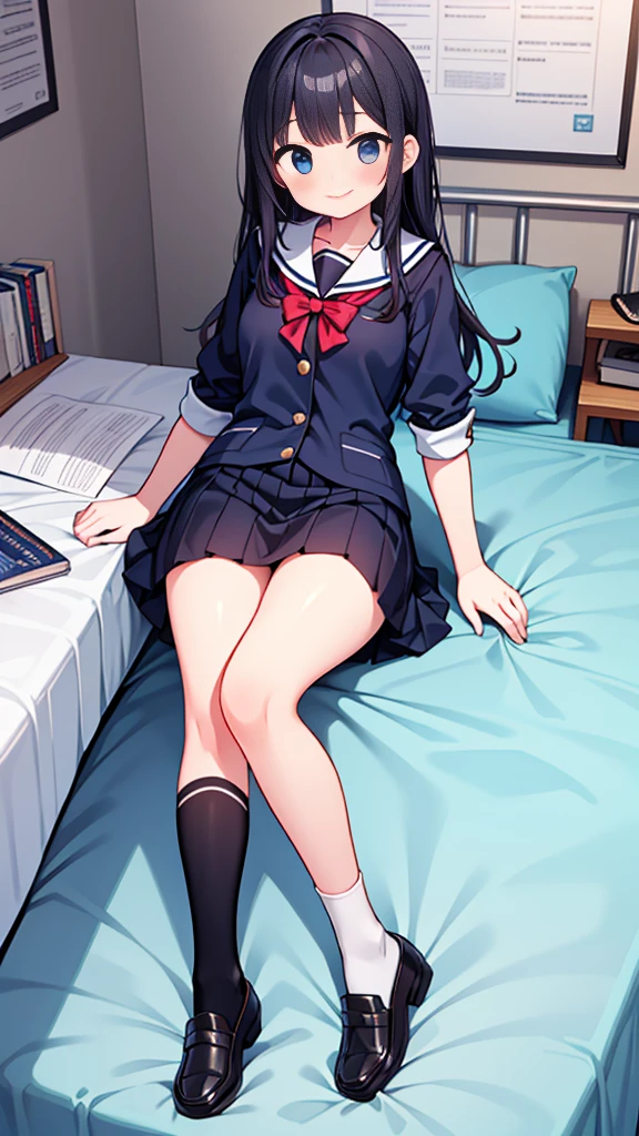 {Highest quality], [so beautiful], [Ultra-fine], [Best illustrations], Browsing Caution,Black Hair, Hime cut, Long Hair, With bangs, girl,high school student,uniform,knit,skirt,smile, blush, Slender women, Adult female,(public),,diagonal, Navy blue knee socks,Black Loafers.night,Health Room,Lying in bed feeling unwell
