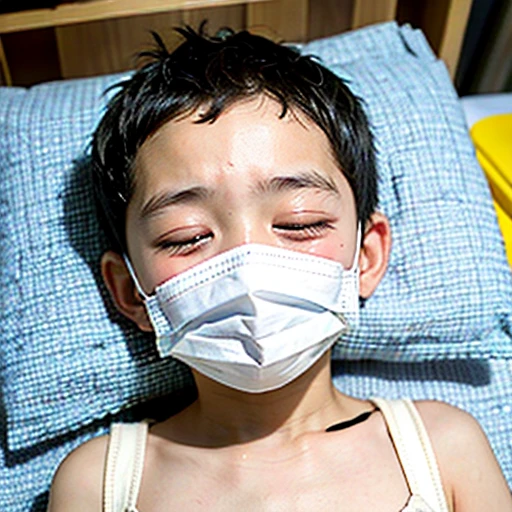 Handsome kindergarten boy with infectious disease、Appearance of suffering. He is wearing a white mask. He has a high fever. he is sleeping. He has a cough. He is exhausted. He is taking his temperature with a thermometer. He is dying. He is cooling his forehead with a cooling gel sheet..Are crying