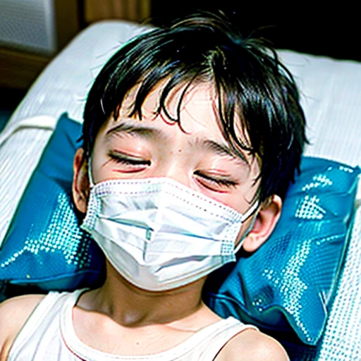 Handsome kindergarten boy with infectious disease、Appearance of suffering. He is wearing a white mask. He has a high fever. he is sleeping. He has a cough. He is exhausted. He is taking his temperature with a thermometer. He is dying. He is cooling his forehead with a cooling gel sheet..Are crying