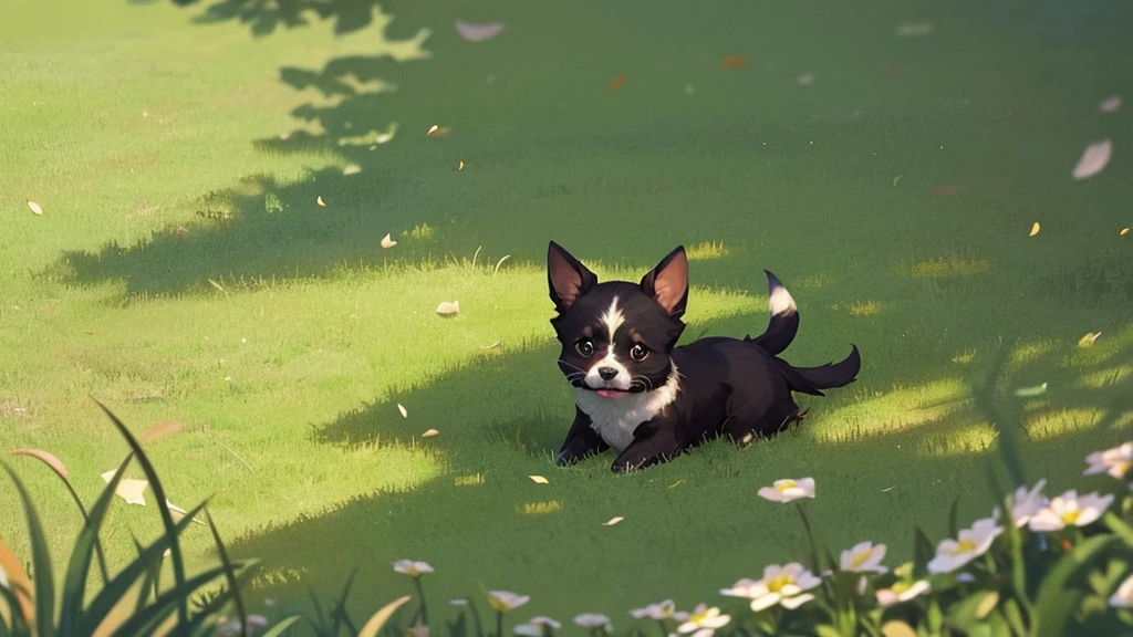 small dog sitting in the grass outside a school