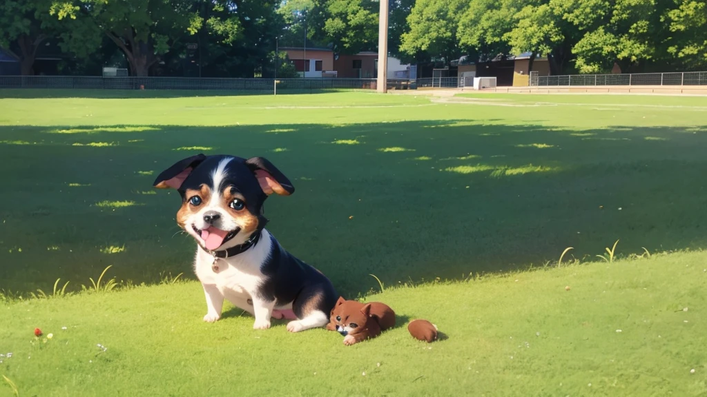 small dog sitting in the grass outside a school