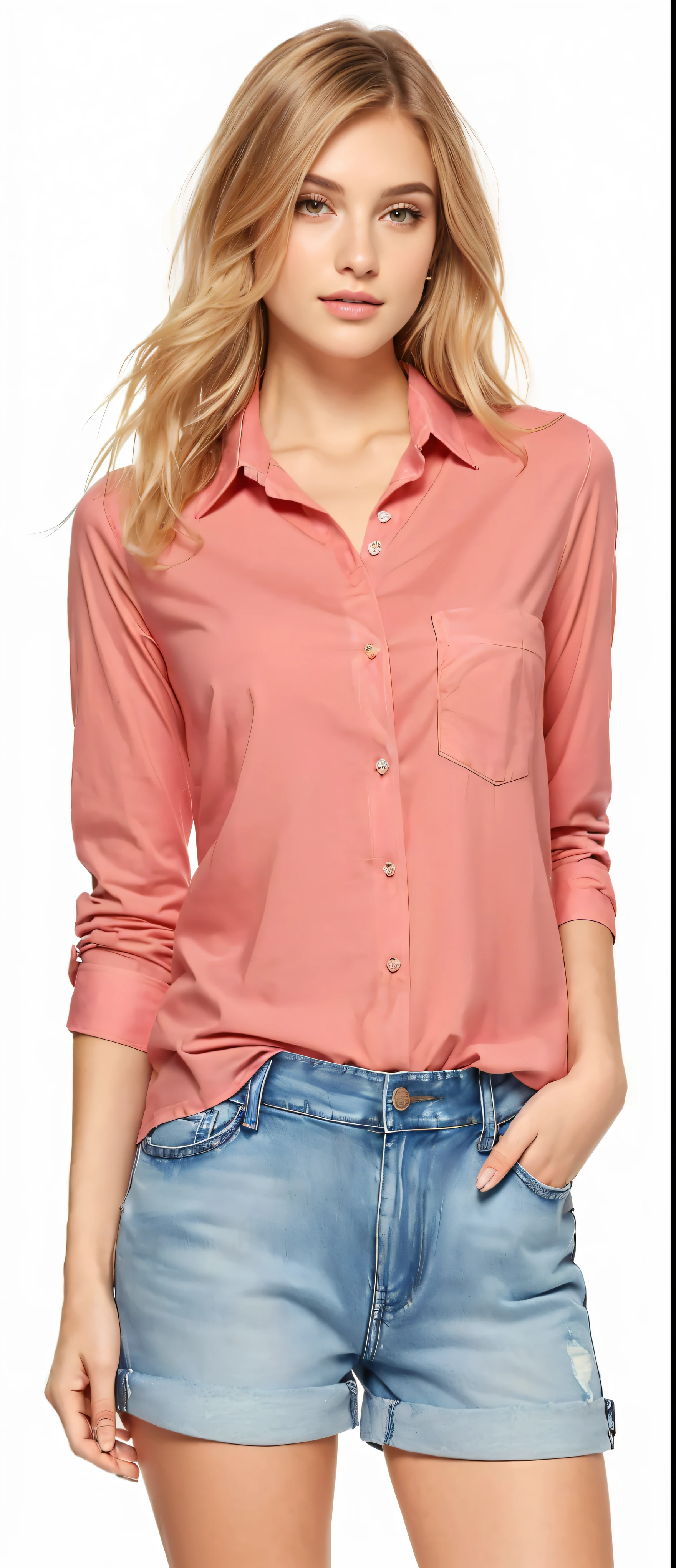 a woman in a Red shirt and denim shorts posing for a picture, button-up shirt, pink blouse, button-up shirt, Red shirt, collaRed shirt, elegant red shirt, brown shirt, long blouses, wearing a linen shirt, Red shirt brown pants, summer shirt, tied shirt, magenta shirt, wearing a shirt and jeans