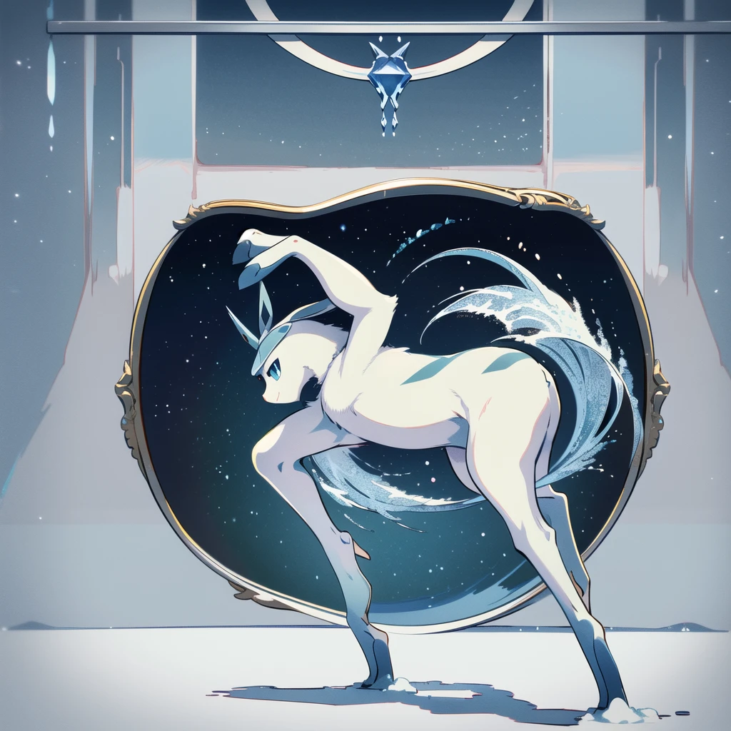 glaceon, snow,pokemon \(creature\),animal, full body, tree,, (masterpiece, best quality,absurdres: 1.2),, perfect hands,, masterpiece,best quality,ultra-detailed,very detailed illustrations,extremely detailed,intricate details,highres,super complex details,extremely detailed 8k cg wallpaper