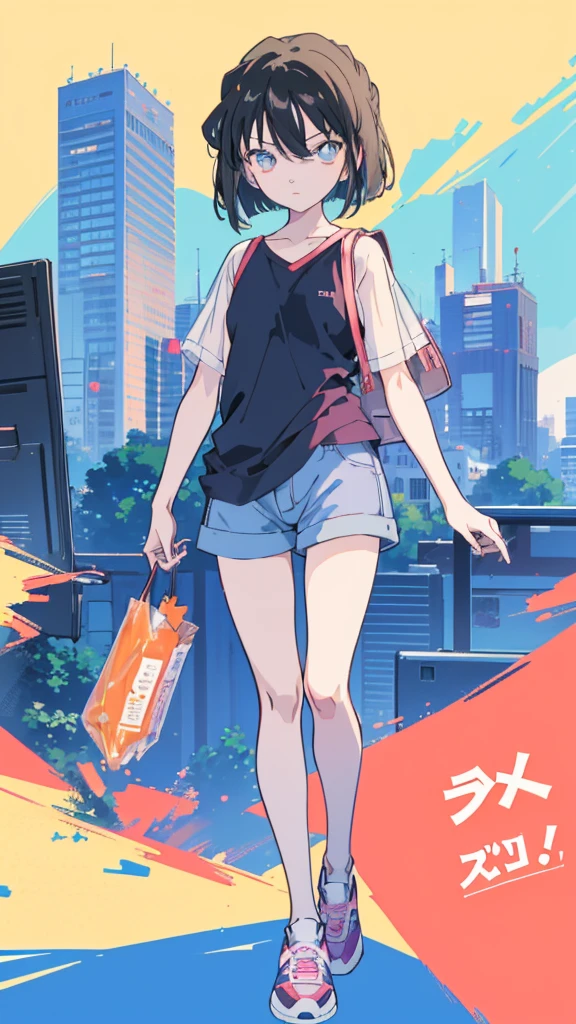 anime style, (1girl in, Solo:1.0), (Haibara Ai), ((Short pants)), (((Big eyes))), (Cute anime girl head), (flat chest),looking at viewer,With a height of 100cm, shoot from front, (head shot), Simple line minimalism, Abstract Art, City background, anime opening movie