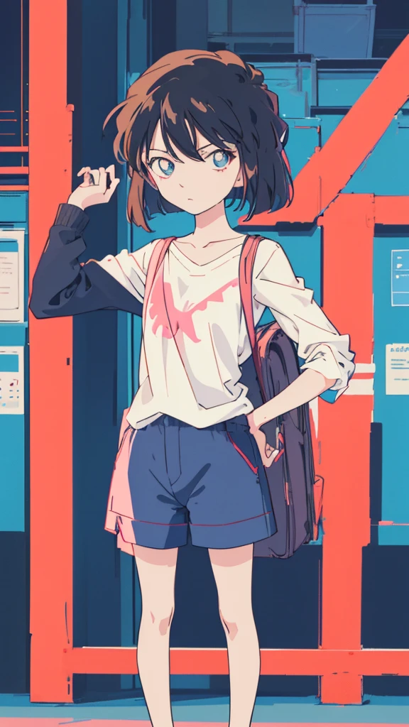 anime style, (1girl in, Solo:1.0), (Haibara Ai), ((Short pants)), (((Big eyes))), (Cute anime girl head), (flat ),looking at viewer,With a height of 100cm, shoot from front, (head shot), Simple line minimalism, Abstract Art, City background, anime opening movie