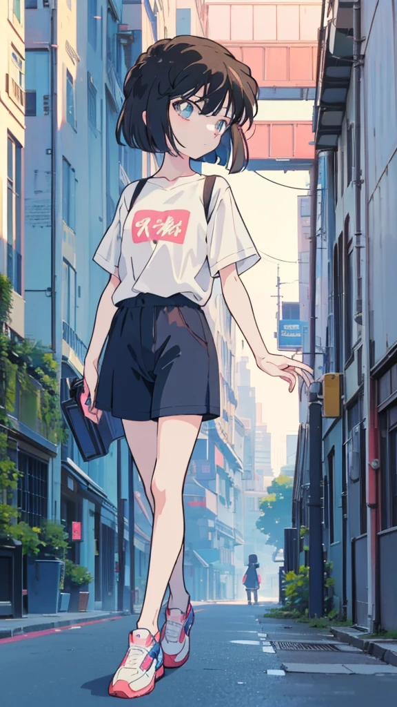 anime style, (1girl in, Solo:1.0), (Haibara Ai), ((Short pants)), (((Big eyes))), (Cute anime girl head), (flat chest),looking at viewer,With a height of 100cm, shoot from front, (head shot), Simple line minimalism, Abstract Art, City background, anime opening movie