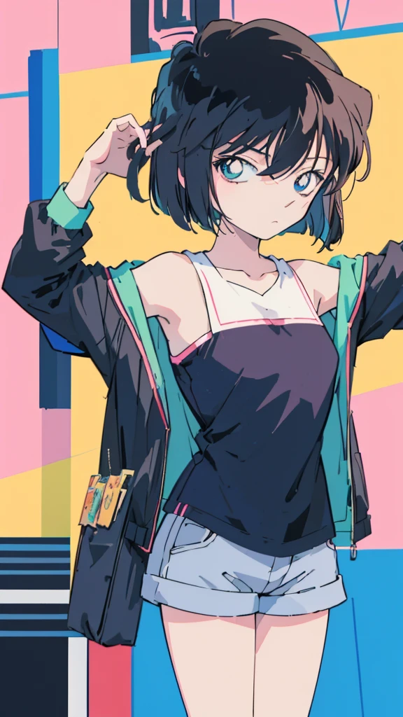 anime style, (1girl in, Solo:1.0), (Haibara Ai), ((Short pants)), (((Big eyes))), (Cute anime girl head), (flat ),looking at viewer,With a height of 100cm, shoot from front, (head shot), Simple line minimalism, Abstract Art, City background, anime opening movie