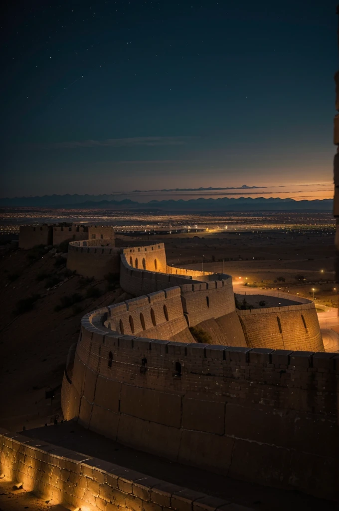 large desert plain at night, in the distance a large illuminated city, the city is surrounded by a great wall protected by the army, the view is facing the wall that dominates us, soldiers patrol below the wall, the wall is gray and modern
