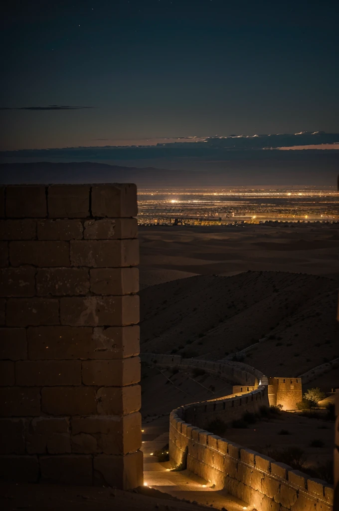 large desert plain at night, in the distance a large illuminated city, the city is surrounded by a great wall protected by the army, the view is facing the wall that dominates us, soldiers patrol below the wall, the wall is gray and modern
